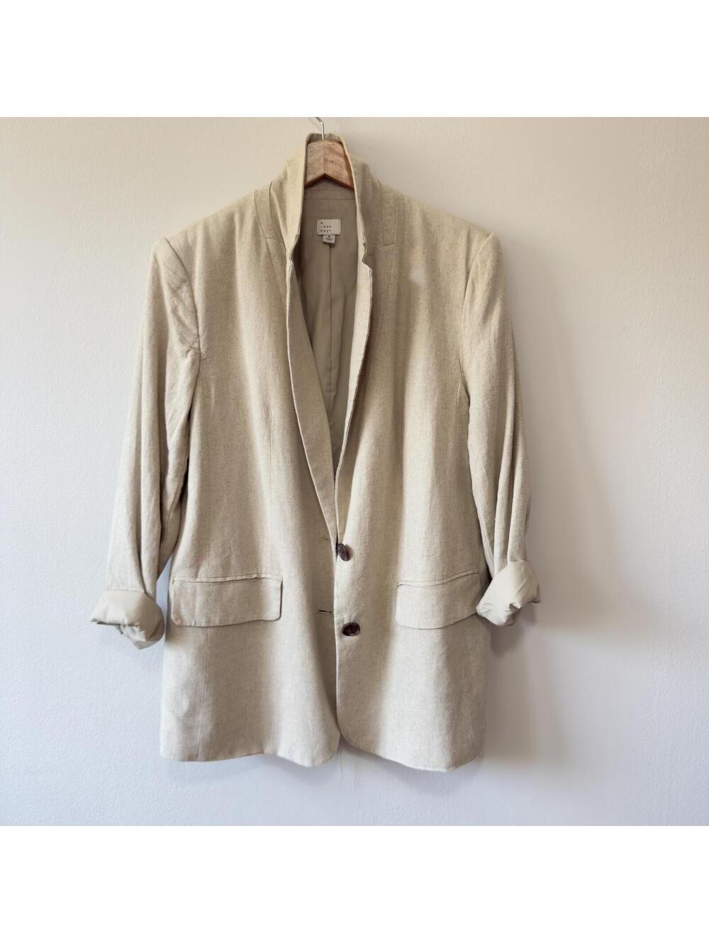 Oatmeal Beige 2-Button Lined Oversize Linen Women's Blazer - Size M